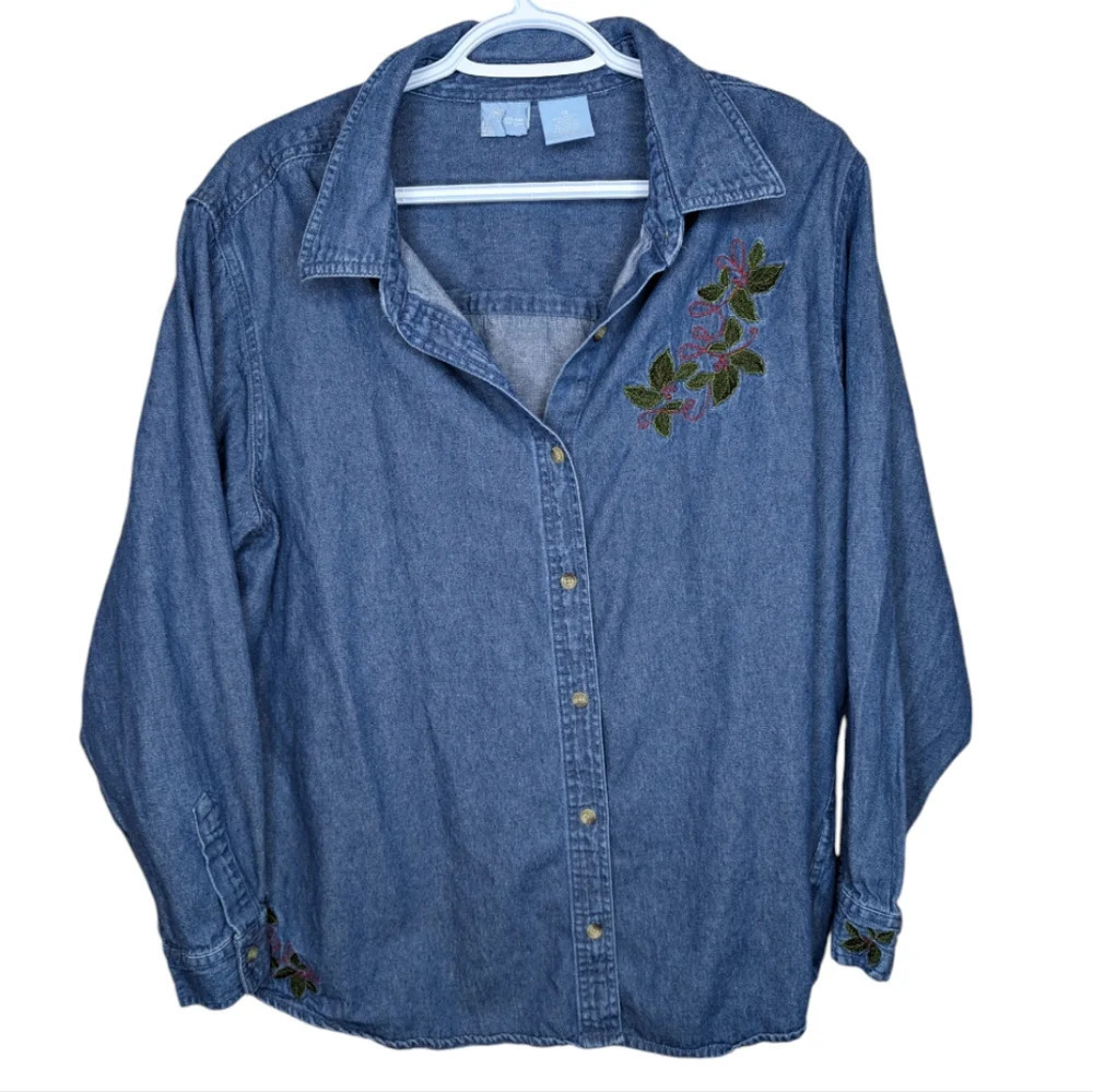 Holiday Editions Denim Button Down Christmas Holly Embroidered Top 1X